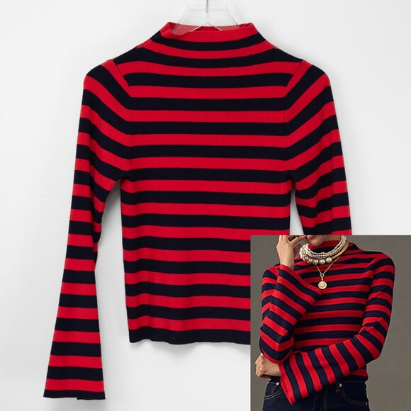 Anthropologie Sweaters - Anthropologie Maeve The Arlowe Bell-Sleeve Sweater Stripe Knit Red Navy Blue Med